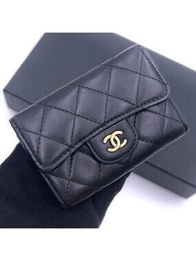 Chanel Quilted Lambskin Card Case Black Compact Coin Purse